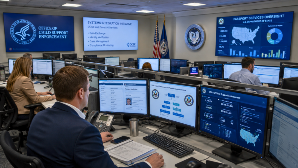 Government employees in an operations center monitoring data on computer monitors and large wall display screens.