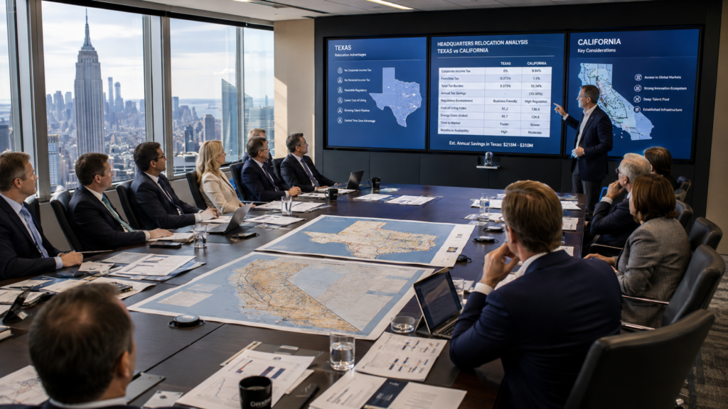Business professionals in a high-rise boardroom analyzing a corporate headquarters relocation presentation comparing Texas and California.