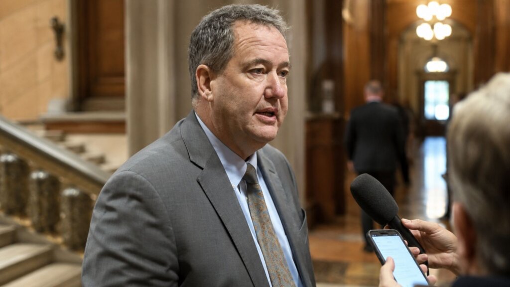 Rep. Cam Cavitt, in a gray suit, speaks with reporters holding a microphone and smartphone inside a government building with marble stairs and columns in the background.