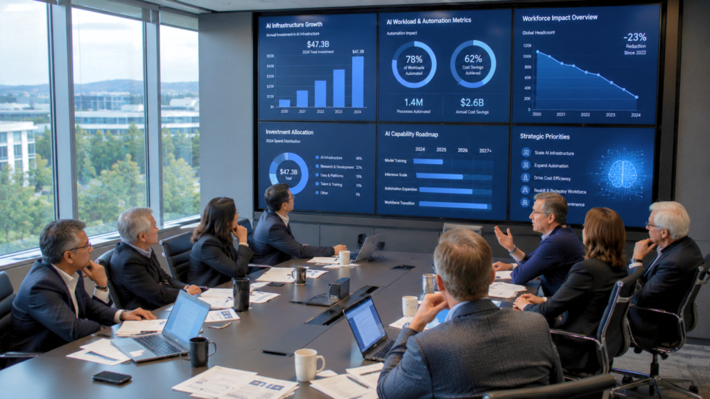 Business professionals in a boardroom discussing workforce metrics and corporate priorities shown on a wall display.