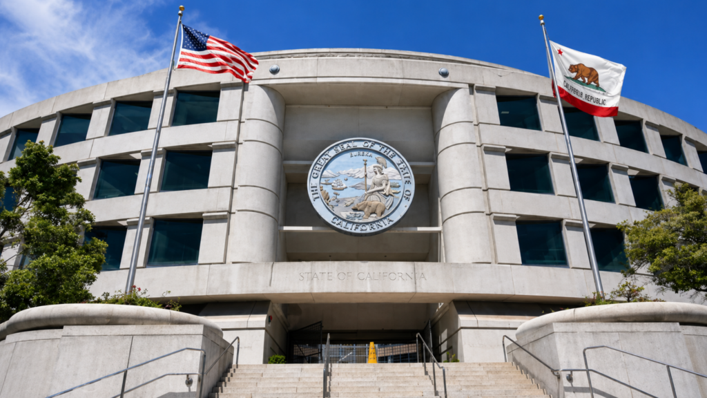 The State of California government building facade displaying the Great Seal of California under a blue sky.