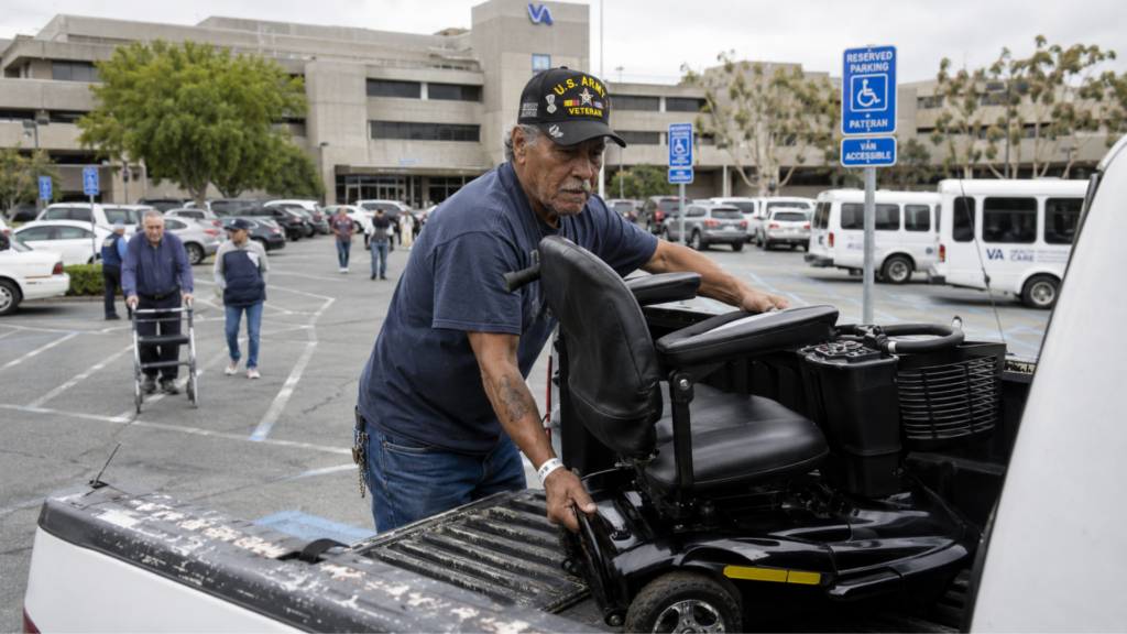 A veteran wearing a U.S. Army hat loading a black mobility scooter into the bed of a white pickup truck.