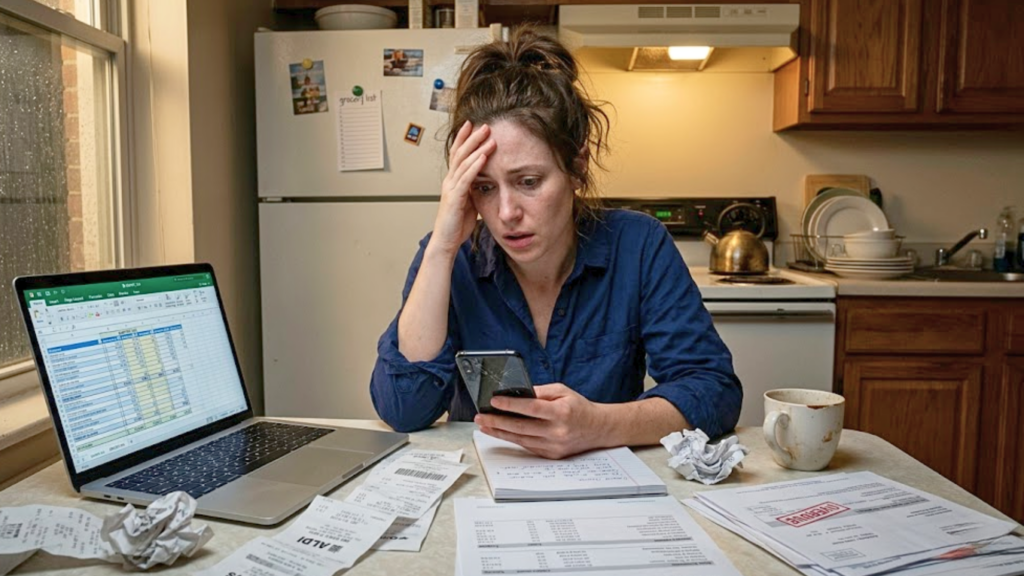 A stressed woman sitting at a kitchen table holds her head while looking at her phone surrounded by bills, receipts, and a laptop spreadsheet.