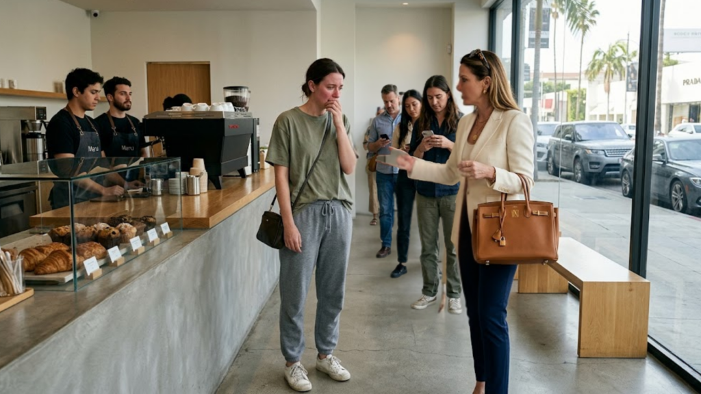 A woman in a cream blazer holding a luxury handbag talks to a crying woman standing in line at a coffee shop.
