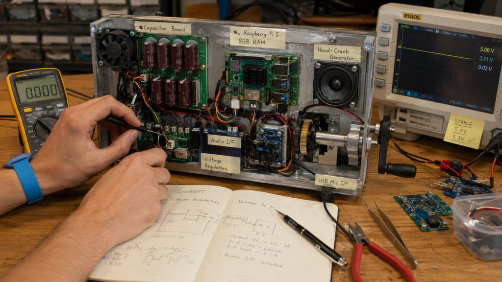 An open electronic enclosure showcasing a Raspberry Pi 5, custom capacitor board, and a hand-crank generator being checked with a multimeter on a workbench.