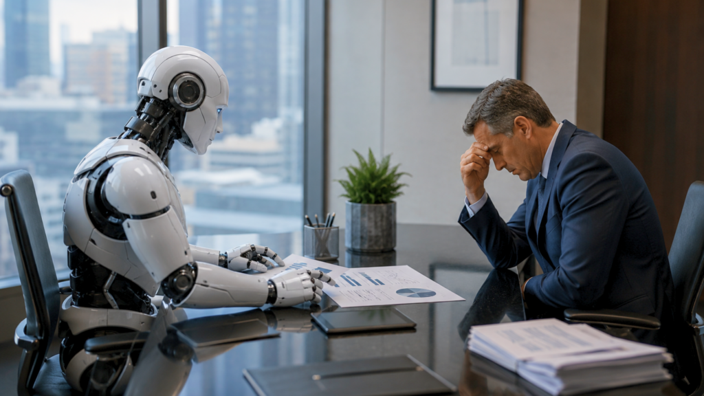 A white humanoid robot sitting across a desk from a stressed businessman, pointing at data charts on a piece of paper.