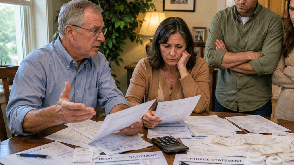 A family sitting at a table discussing financial documents with an advisor or accountant.