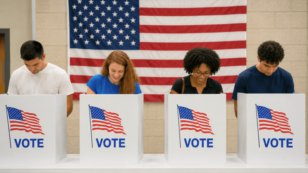 Four voters filling out ballots in private voting booths in front of a large American flag.