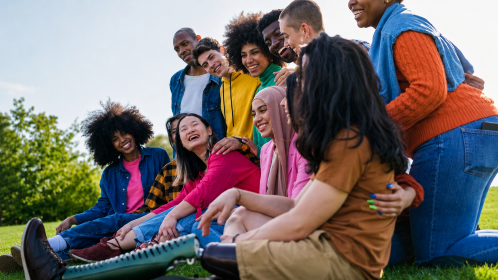 Diverse group of young adults laughing together on grass outdoors.