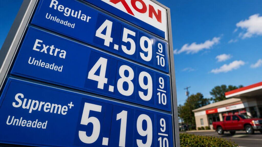 Gas station price sign showing Regular Unleaded at "4.59 9/10", Extra Unleaded at "4.89 9/10", and Supreme Plus Unleaded at "5.19 9/10" under a blue sky.