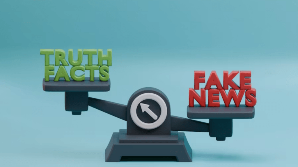 A 3D balance scale weighing the green text Truth Facts against the heavily dipping red text Fake News.