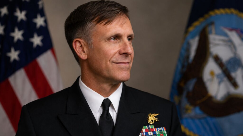 Capt. William Francis Jr., in uniform stands for an official portrait with an American flag and Navy emblem blurred in the background.