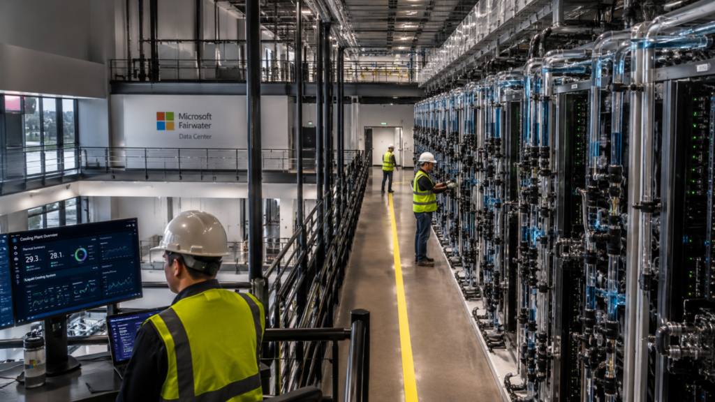 Technicians monitoring systems and liquid-cooling pipes inside the Microsoft Fairwater Data Center.