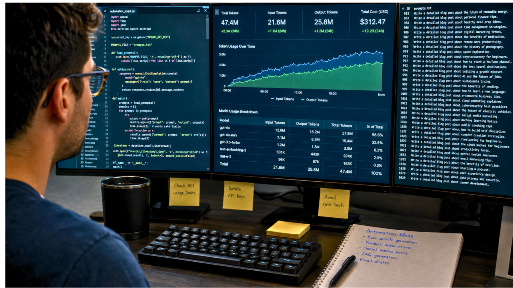 A software developer analyzing code script and AI data charts on multiple computer monitors at a desk.
