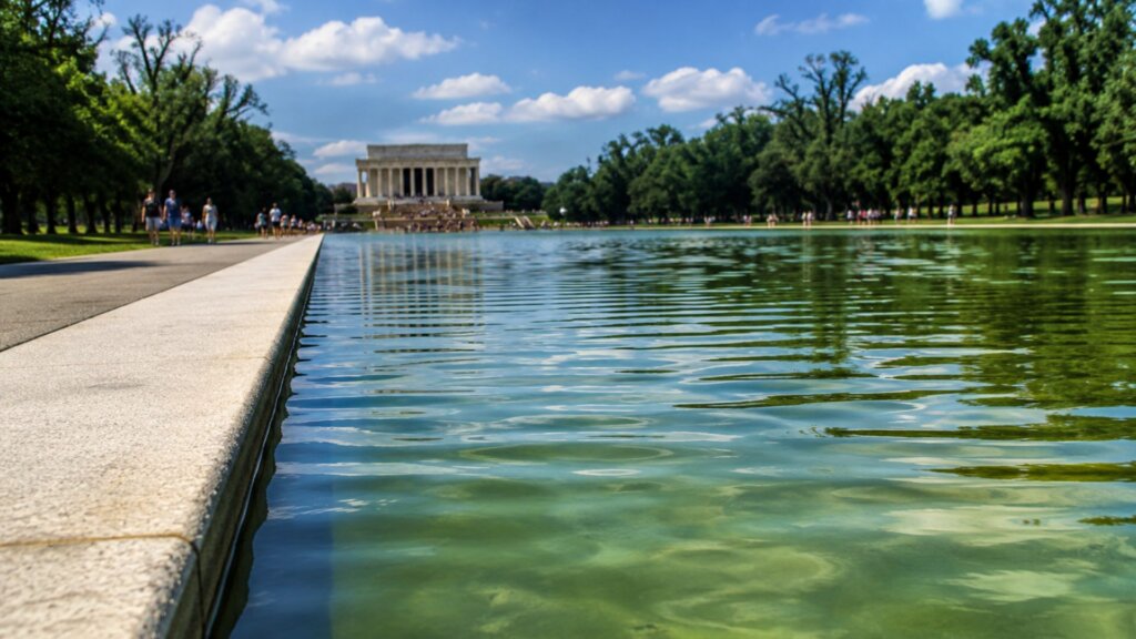 The Lincoln Memorial stands in the distance beyond the Reflecting Pool in Washington, D.C., with gentle ripples moving across the water on a sunny day. The image highlights the condition of the pool following restoration and repair efforts.