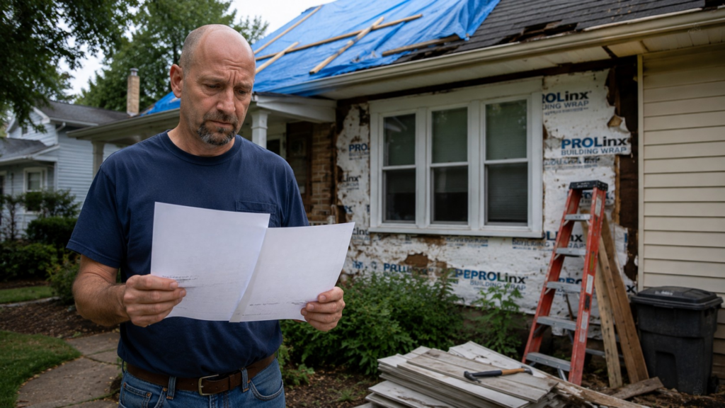 A concerned man reading a document outside a home undergoing structural repairs and siding renovations.