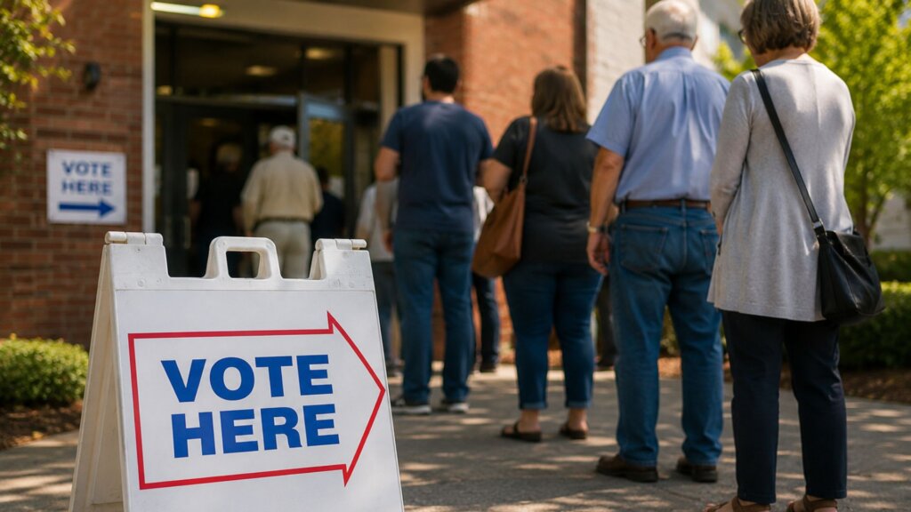 Voters stand in line outside a polling location entrance on election day. A white sign in the foreground reads "VOTE HERE" with a large red arrow pointing toward the building.