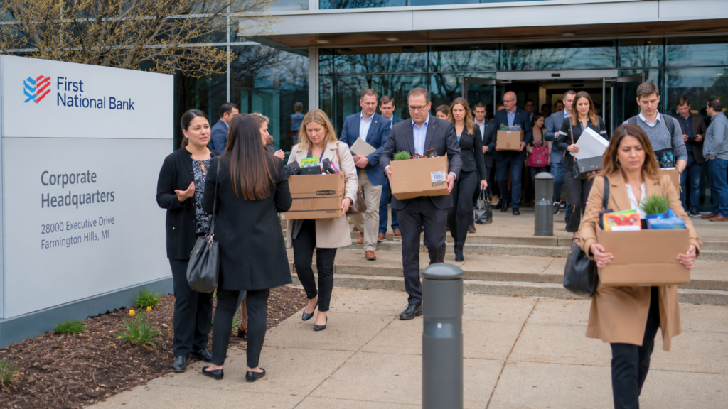 Employees carrying boxes of belongings out of the First National Bank corporate headquarters after a layoff.