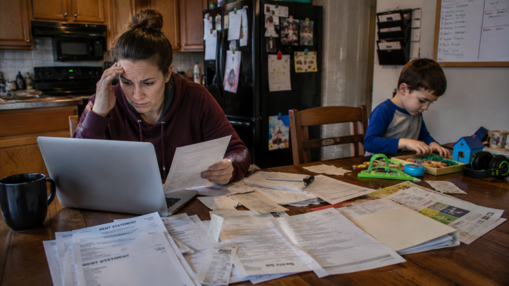 A stressed woman looking at a laptop and rent statement surrounded by paperwork while a young boy plays nearby.