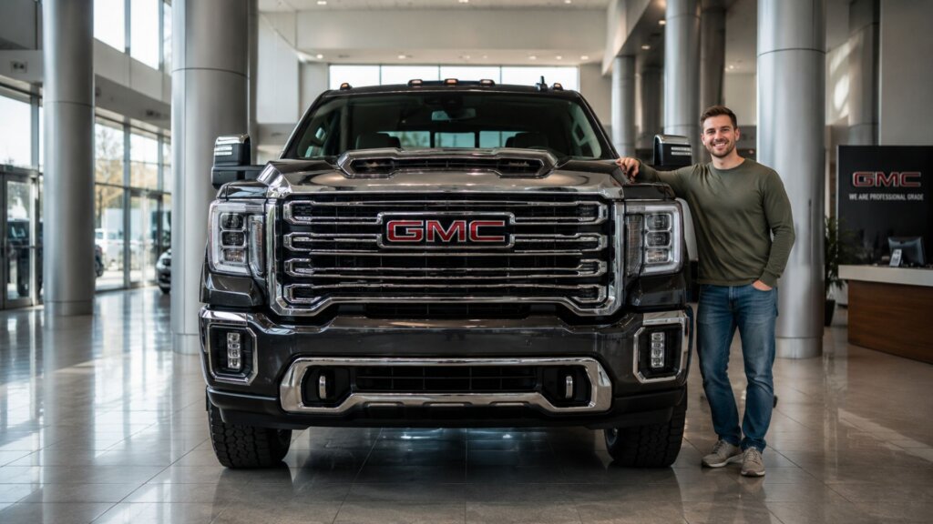 A man stands beside a large GMC pickup truck inside a dealership showroom, smiling with one hand resting on the vehicle. The oversized front grille and tall hood emphasize the scale of modern trucks compared with earlier models.