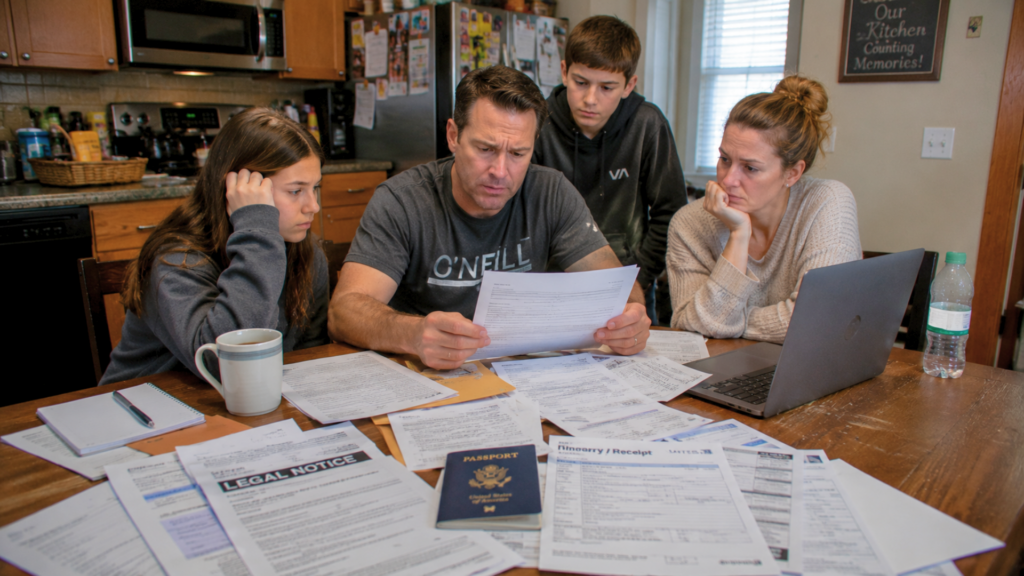 A concerned family sitting around a kitchen table reviewing a legal notice, financial bills, and passport documents.