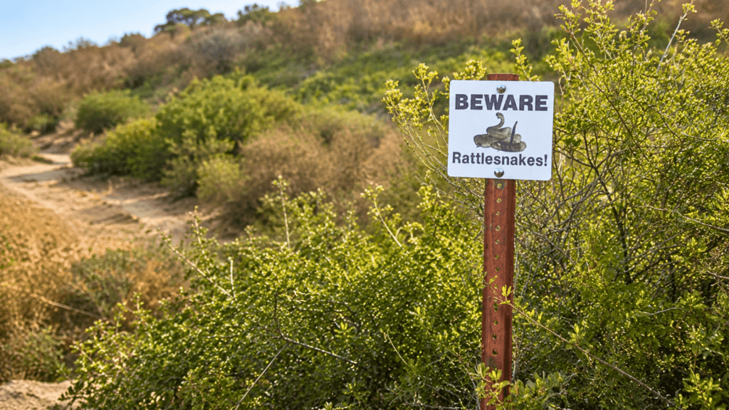 A white warning sign reading "BEWARE Rattlesnakes!" posted next to a dirt hiking trail in a grassy hillside area.