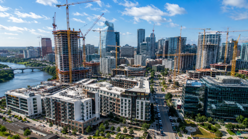 An aerial view of active skyscraper construction and multiple cranes across a developing downtown cityscape.
