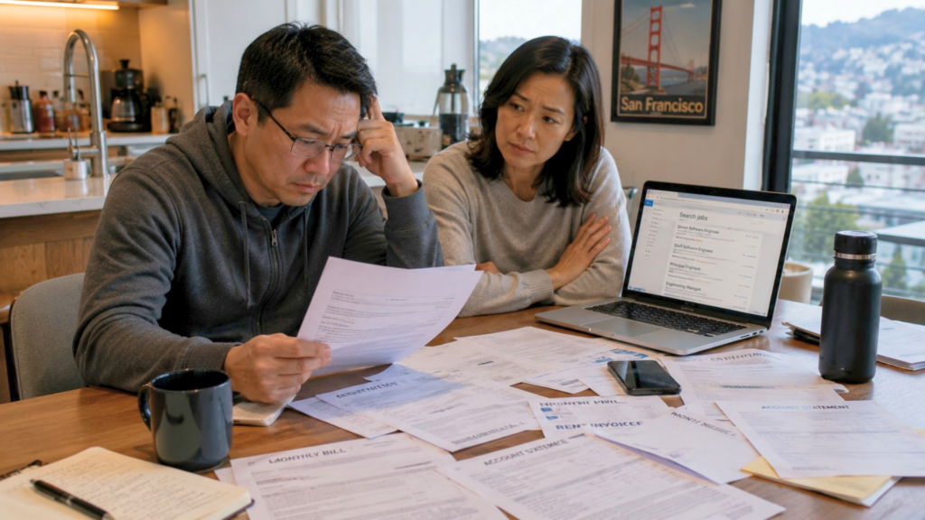 A concerned couple looking at bills and data metrics on a laptop screen at a kitchen table.
