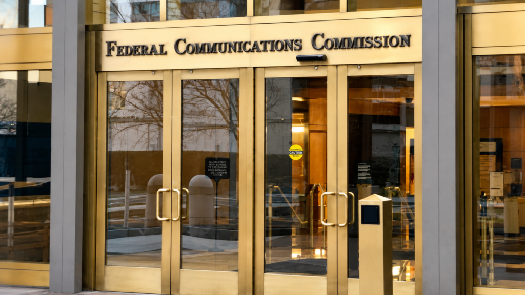 Exterior entrance of the Federal Communications Commission building featuring gold glass doors.