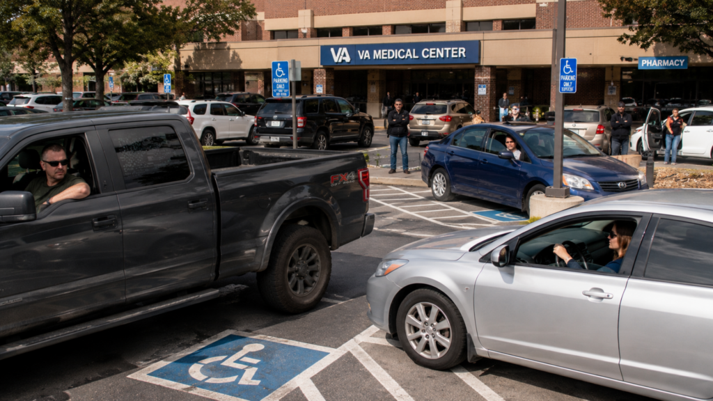 Vehicles driving through a crowded parking lot with disabled parking signs in front of a VA Medical Center building.