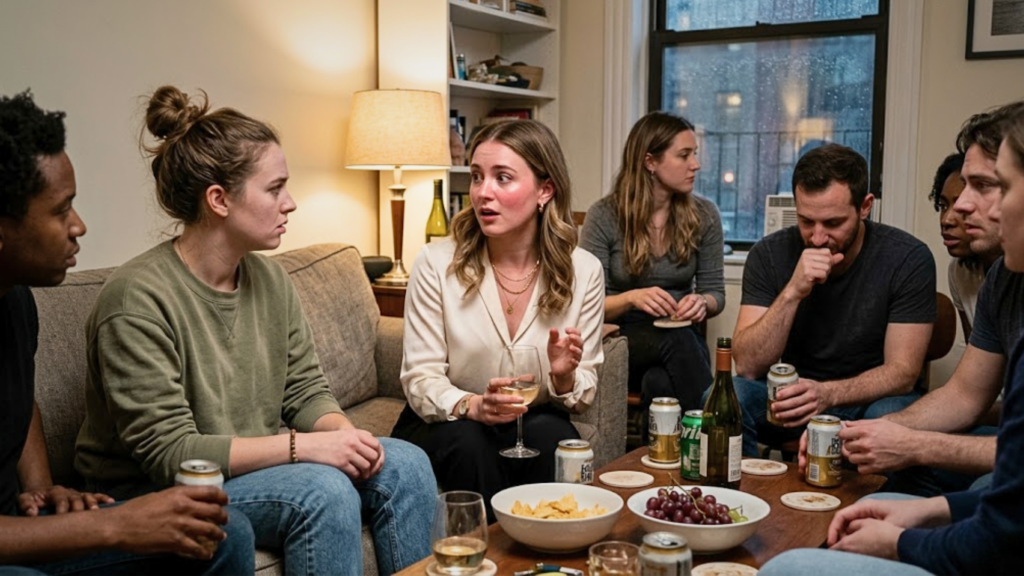 A group of friends gathering around a coffee table with drinks and snacks in a living room while talking.