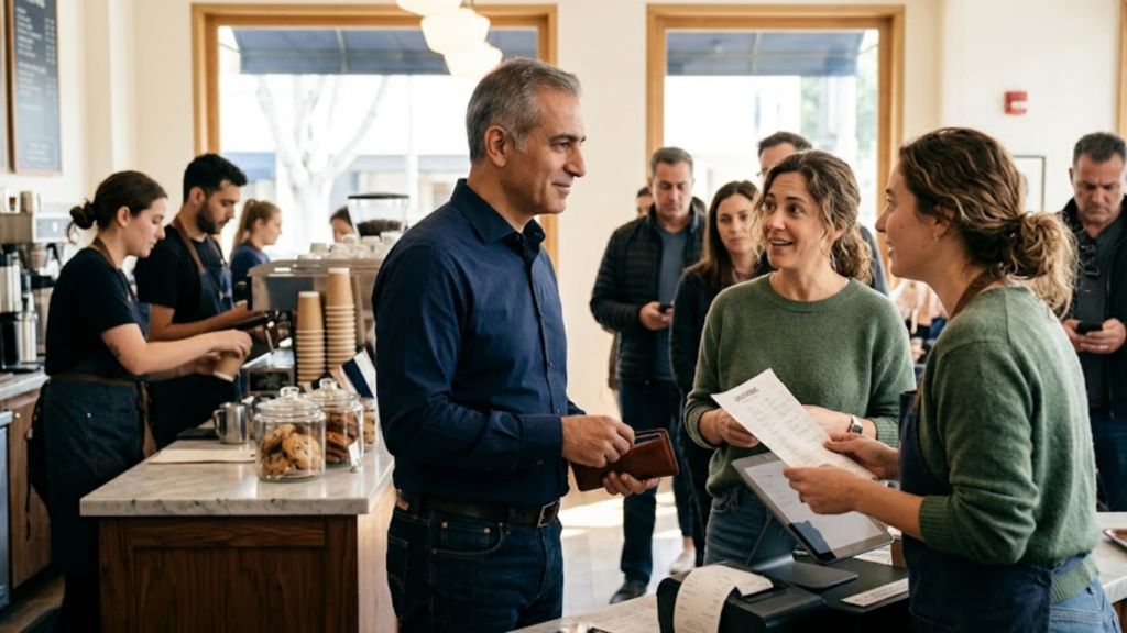 A man holding a wallet prepares to pay a barista at a busy coffee shop counter while other customers wait in line.
