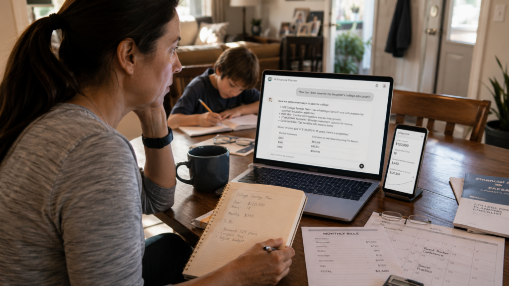 A woman sitting at a table using an AI financial planning tool on her laptop to research college savings plans while her son studies in the background.