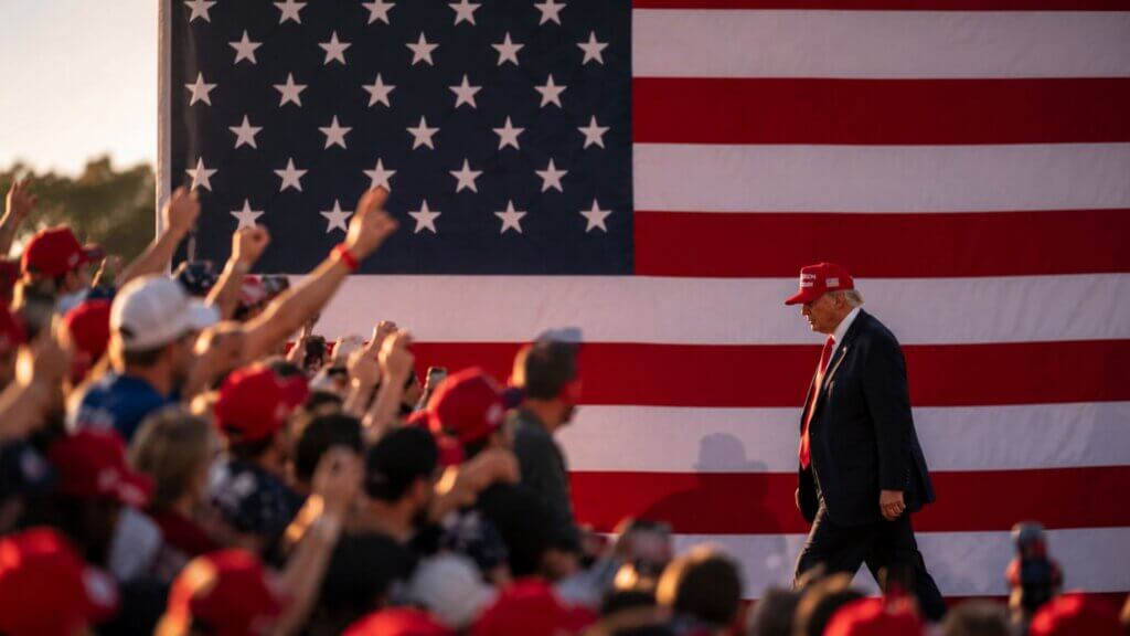 Donald Trump walks across a stage at a campaign rally in front of a large American flag while supporters wearing red hats raise their hands and phones in the foreground.