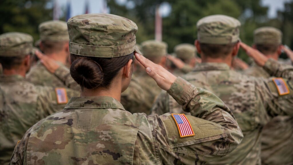 Service members in camouflage uniforms stand in formation and salute during an outdoor military ceremony. A female soldier is centered in the foreground with other troops visible behind her, reflecting the article's focus on military promotions and representation.