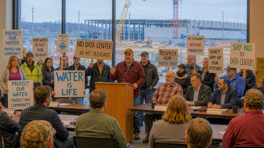 A man speaking at a podium during a community meeting with residents holding signs protesting a data center.