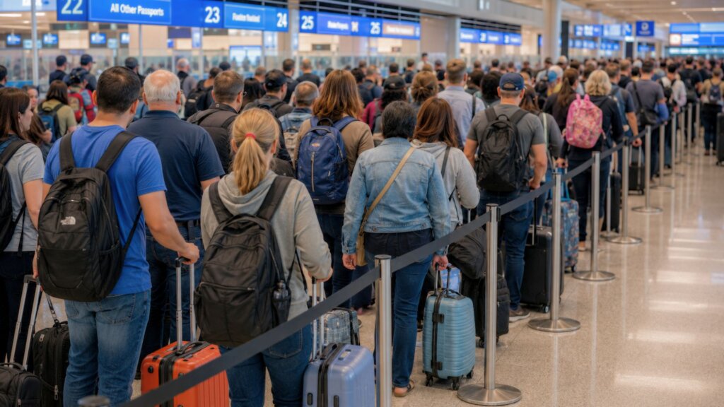 Long line of travelers waiting in an airport terminal with rolling suitcases and backpacks.