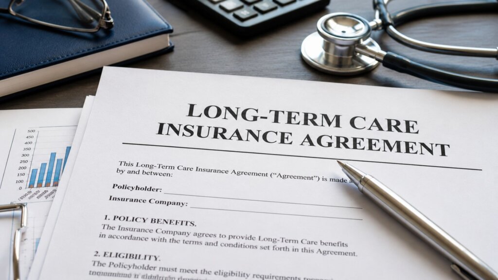 Long term care insurance agreement document on a desk beside a stethoscope, calculator, notebook, charts, and a pen. Visible text includes "LONG-TERM CARE INSURANCE AGREEMENT," "POLICY BENEFITS," and "ELIGIBILITY."
