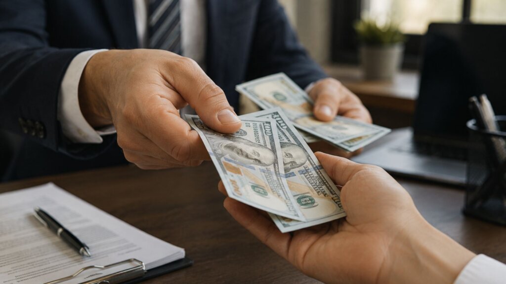 Close up of one person handing several one hundred dollar bills to another across a desk with documents and a pen nearby.
