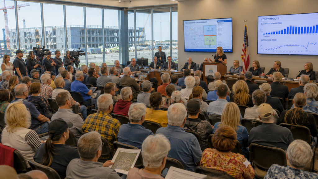 A woman speaking at a podium during a crowded public town hall meeting addressing data center project impacts.