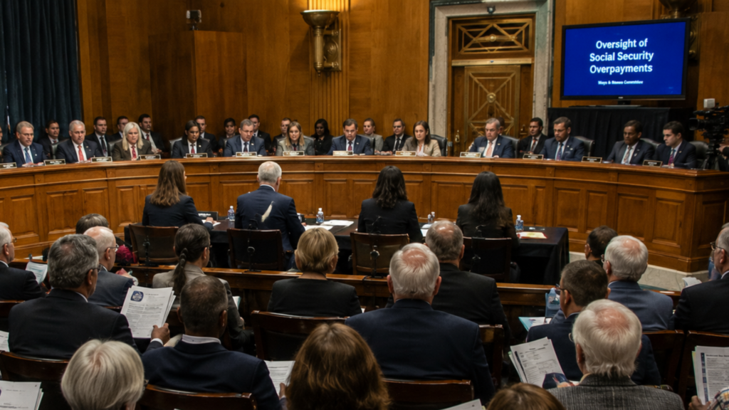 A government committee holding a congressional hearing regarding the oversight of Social Security overpayments.