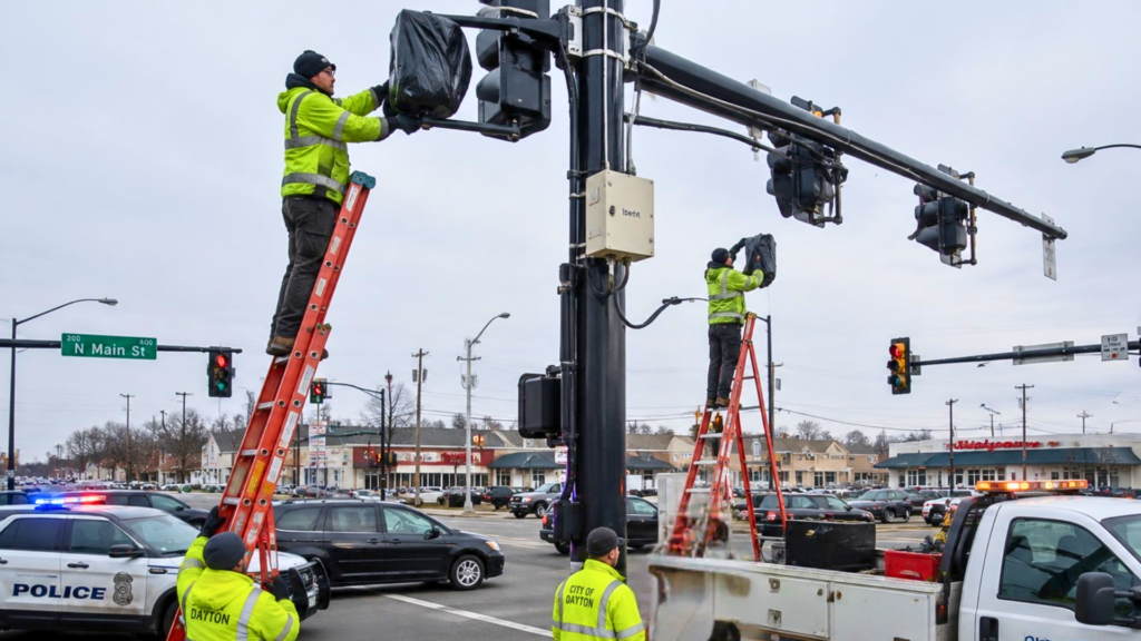 City workers on ladders installing automated license plate reader equipment at a traffic intersection in Dayton.