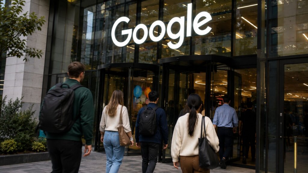 Several people walk toward the entrance of a modern office building with a large illuminated "Google" sign above the doors. Glass walls reveal a brightly lit interior as visitors and employees enter the building.