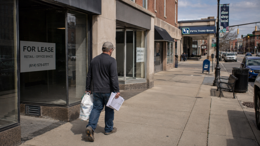A man carrying documents walks past an empty storefront for lease on a city street near a Fifth Third Bank.