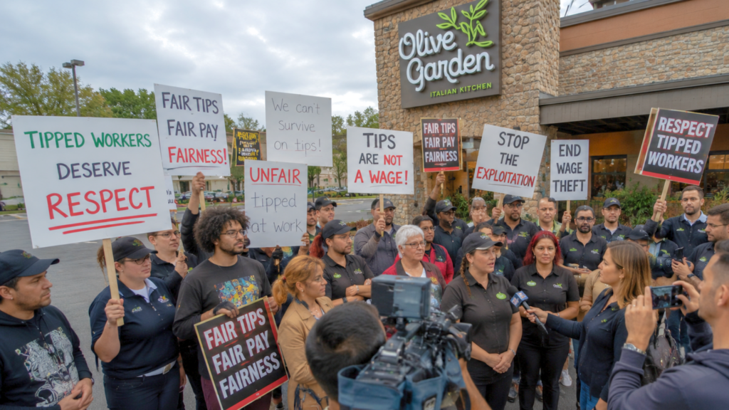 Protesters holding signs for tipped worker wage fairness being interviewed by news media outside an Olive Garden.