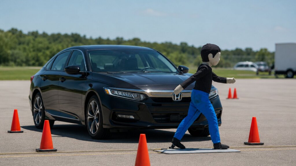A black sedan approaches a pedestrian test dummy crossing in front of the vehicle within a traffic safety testing area marked by orange cones.