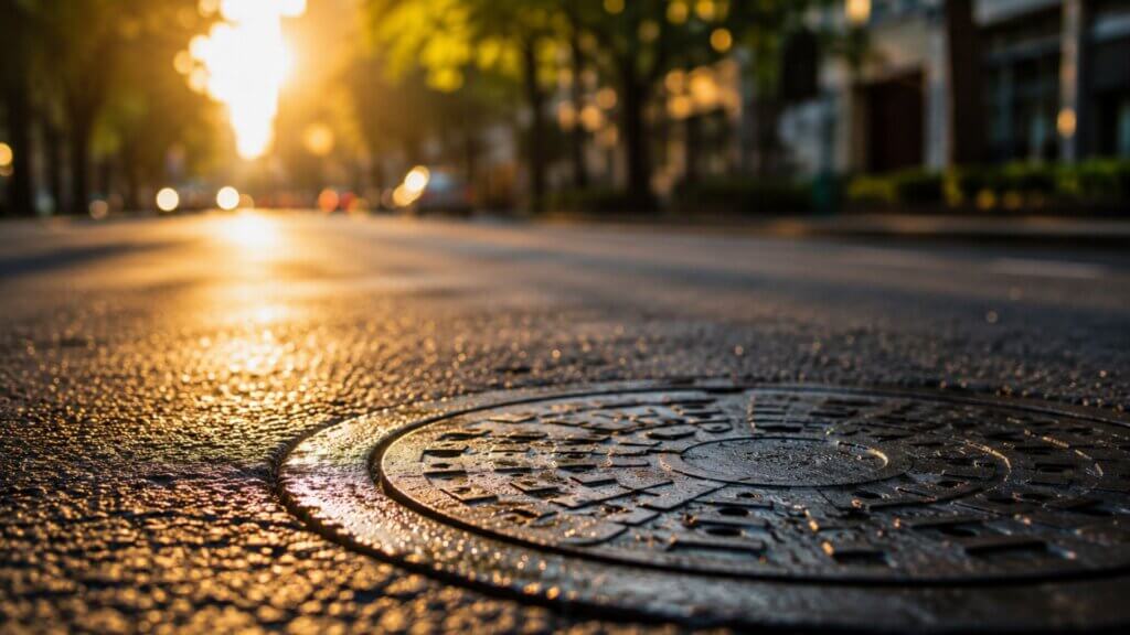 Close up of a metal manhole cover embedded in a city street during golden hour with traffic and trees blurred in the background.