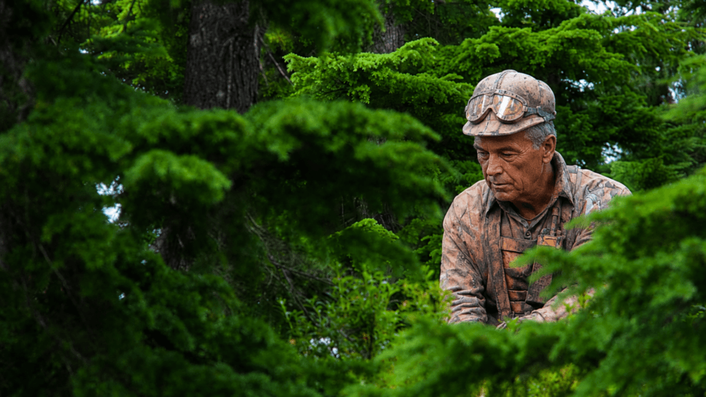 Robert F. Kennedy Jr. covered in mud and wearing a helmet with goggles while peering through dense green trees.
