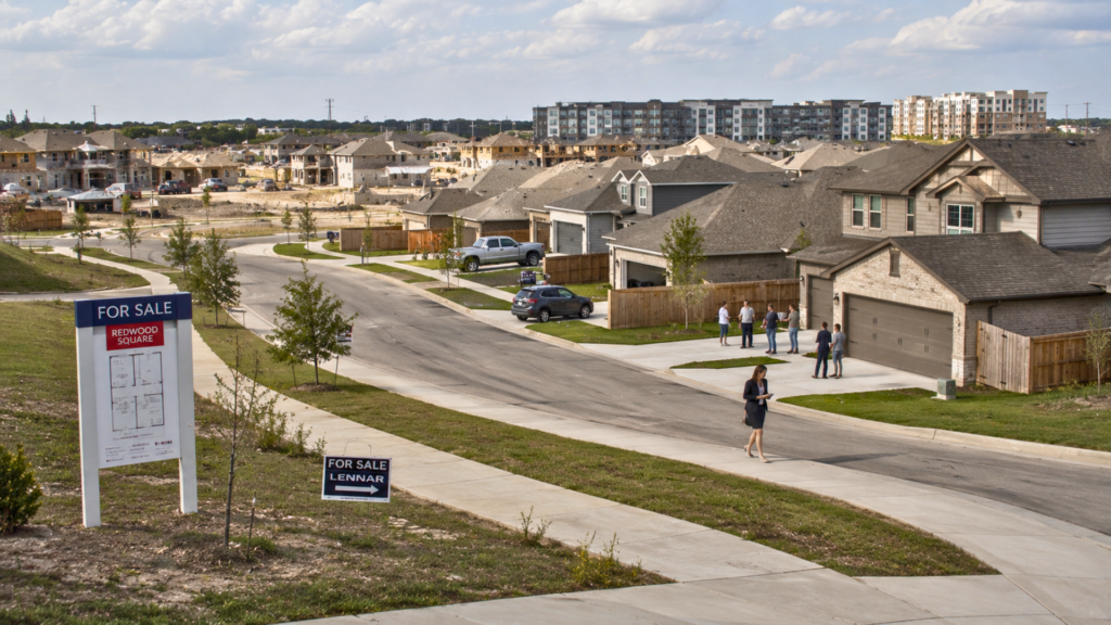A residential neighborhood street with new home construction, real estate "For Sale" signs, and prospective buyers.