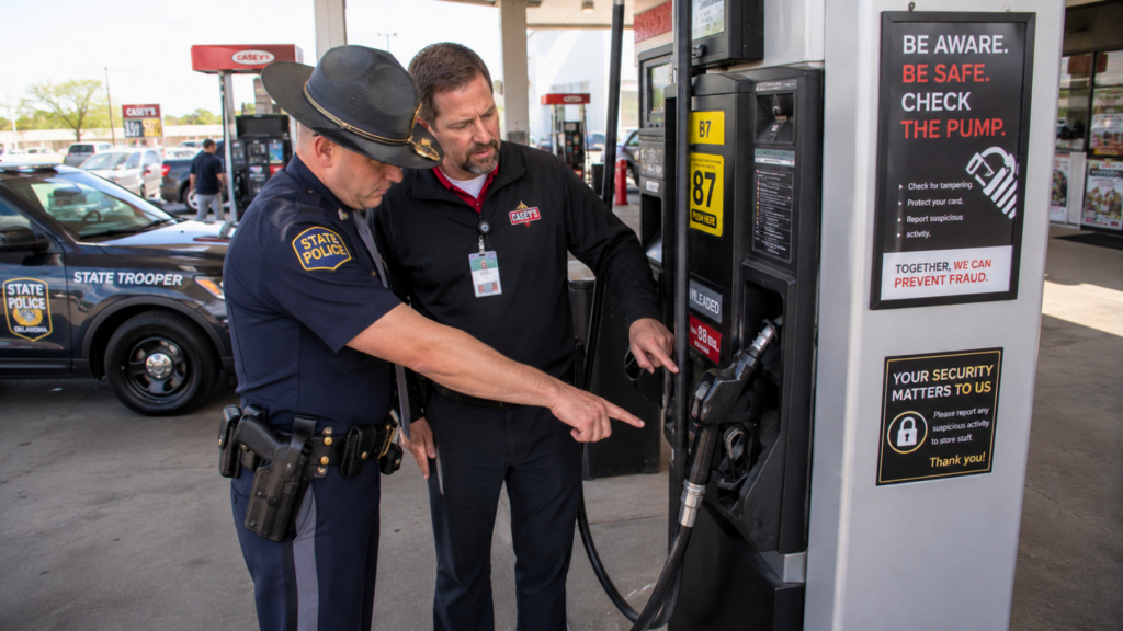 An Oklahoma State Trooper and a gas station employee inspecting a fuel pump handle at a Casey's station.